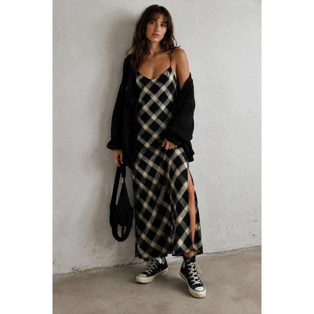 Pistola Mari Plaid Flannel Slip Dress Maxi Black Cream Grunge Modern Classic S